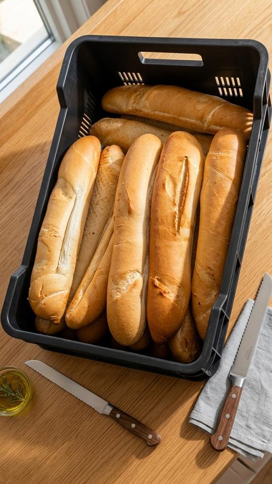Baguettes fraîches rangées dans un bac de livraison