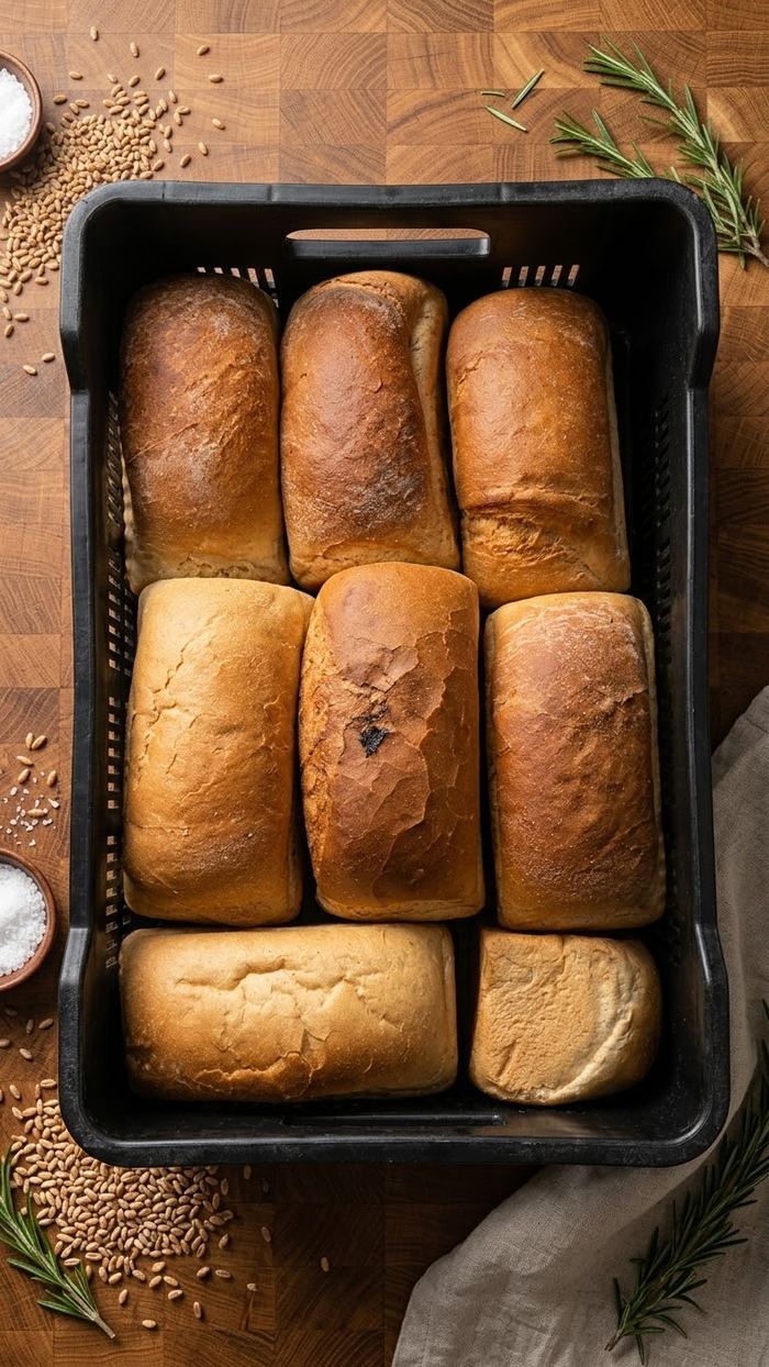 Assortiment de pains fraîchement cuits, rangés dans un bac de livraison